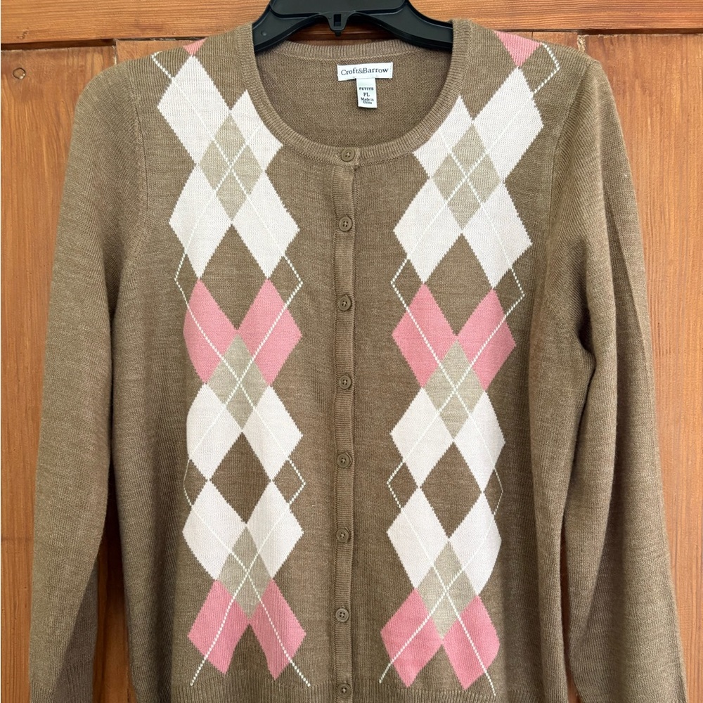 Croft & Barrow Brown Argyle Cardigan with Pink and Cream Accents Size PL